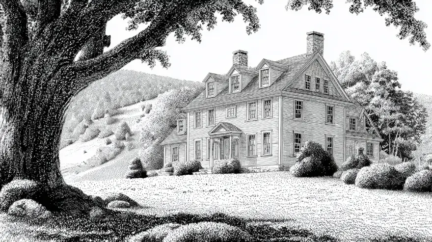 Engraving of a colonial home beneath a great oak — property care near Foxboro, MA