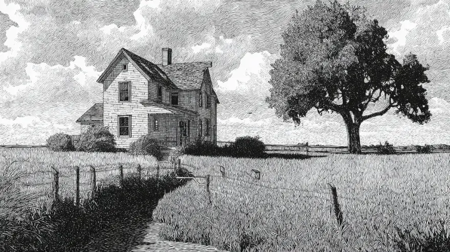 Engraving of a farmhouse with long drive and open field — property care near Walpole, MA