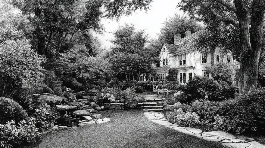 Engraving of tended garden beds and a stone path beside a backyard pond