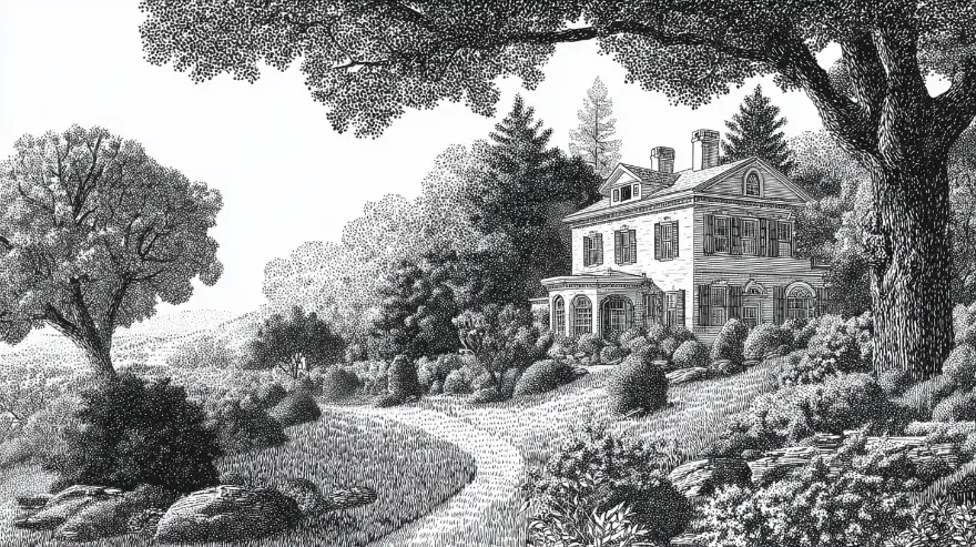 Engraving of a hillside estate with a winding path through autumn grounds