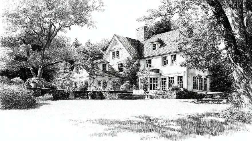 Engraving of a broad, freshly cut lawn bounded by a stone wall