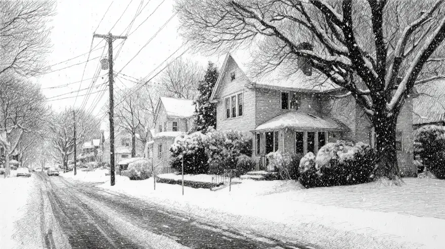 Engraving of a snow-covered neighborhood street with plowed driveways
