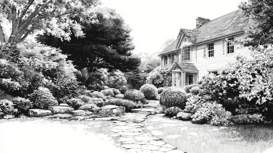 Engraving of a stone walkway through landscaped garden beds